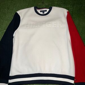 Tommy Hilfiger White Fleece Crewneck with Navy & Red Sleeves